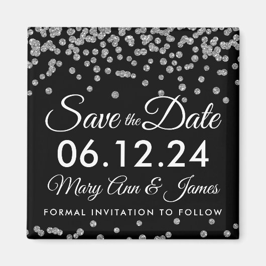 Silver Faux Glitter Confetti Zwart Save The Date Magneet (Voorkant)