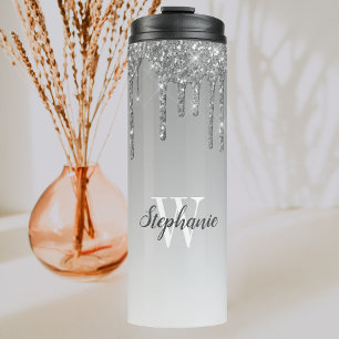 Silver Faux Glitter Drip Sparkle Ombre Monogram Thermosbeker
