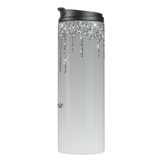 Silver Faux Glitter Drip Sparkle Ombre Monogram Thermosbeker (Geroteerd rechts)