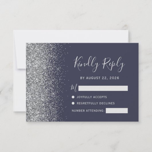 Silver Faux Glitter Edge Dark Blue RSVP (Voorkant)