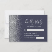 Silver Faux Glitter Edge Dark Blue RSVP Kaartje (Voorkant)