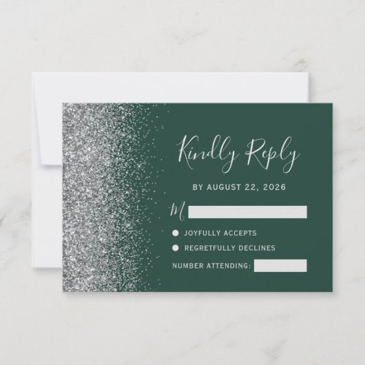 Silver Faux Glitter Edge Emerald Green RSVP Kaartje (Voorkant)