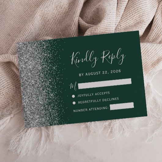 Silver Faux Glitter Edge Emerald Green RSVP Kaartje