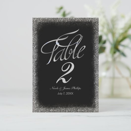 Silver Faux Glitter en Black Glam Table Card Numbe Kaart (Staand voorkant)