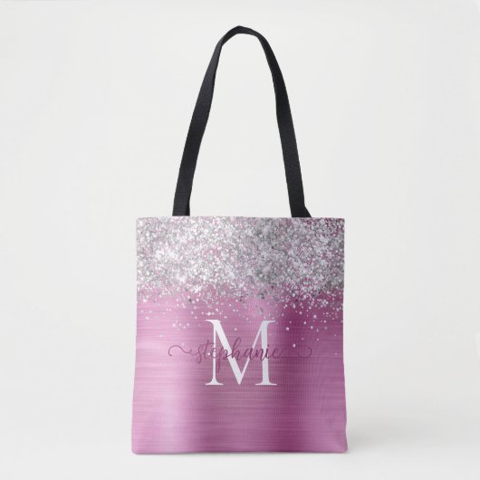 Silver Faux-Glitter Girly Glam Pink Gepersonalisee Tote Bag (Voorkant)