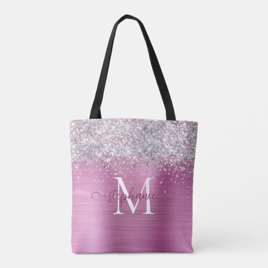 Silver Faux-Glitter Girly Glam Pink Gepersonalisee Tote Bag (Achterkant)