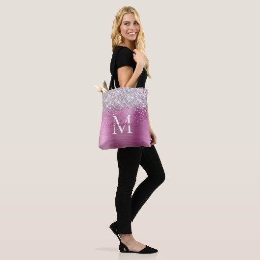 Silver Faux-Glitter Girly Glam Pink Gepersonalisee Tote Bag (Op model)