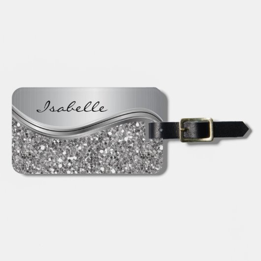 Silver Faux Glitter Glam Bling Personalized Metal Bagagelabel (Voorkant horizontaal)