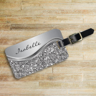 Silver Faux Glitter Glam Bling Personalized Metal Bagagelabel
