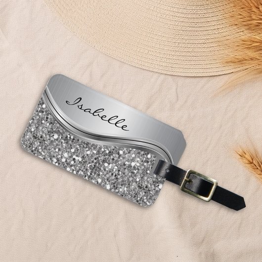 Silver Faux Glitter Glam Bling Personalized Metal Bagagelabel