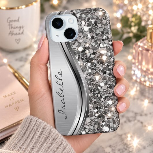Silver Faux Glitter Glam Bling Personalized Metal Case-Mate iPhone Case
