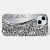 Silver Faux Glitter Glam Bling Personalized Metal Case-Mate iPhone Hoesje (Back (Horizontal))
