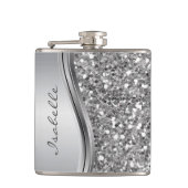 Silver Faux Glitter Glam Bling Personalized Metal Heupfles (Voorkant)