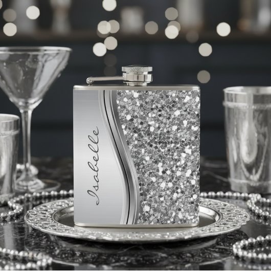 Silver Faux Glitter Glam Bling Personalized Metal Heupfles