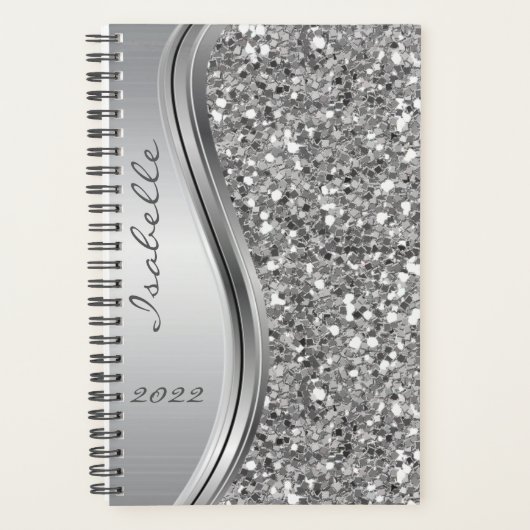 Silver Faux Glitter Glam Bling Personalized Metal Planner (Voorkant)