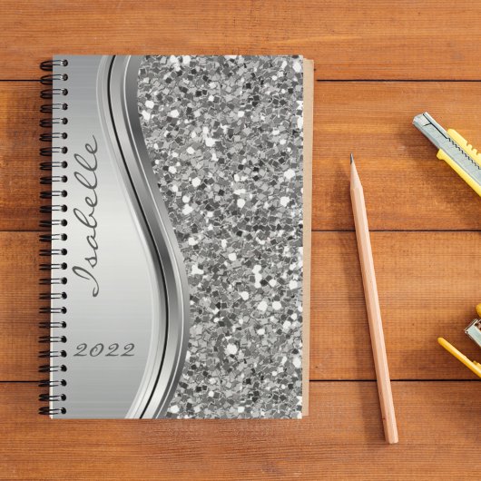Silver Faux Glitter Glam Bling Personalized Metal Planner