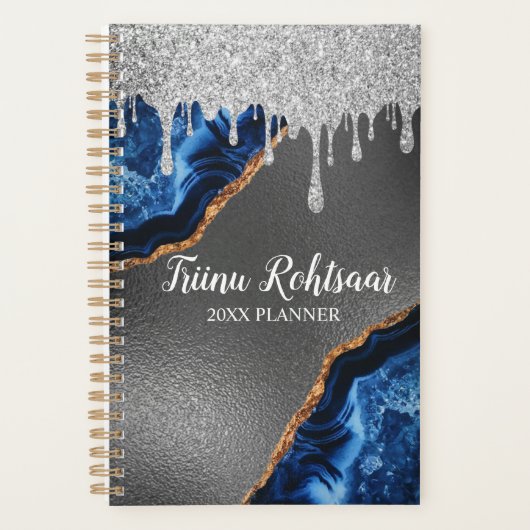 Silver Faux Glitter Glam Bling Personalized Metal Planner (Voorkant)