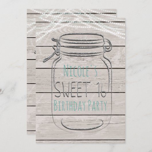 Silver Faux Glitter Mason Jar Sweet 16 Uitnodiging (Voorkant / Achterkant)