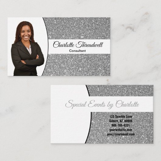 Silver Faux Glitter Replaceable Professional Photo Visitekaartje (Voorkant / Achterkant)