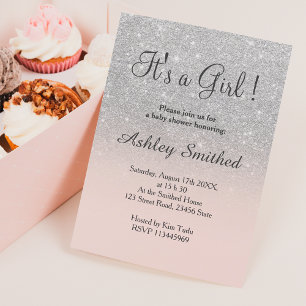 Silver faux glitter roze ombre girl baby shower kaart
