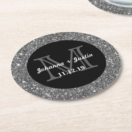 Silver Faux Glitter Shining Bling Weddenschap Mono Ronde Kartonnen Onderzetter (Gebogen)