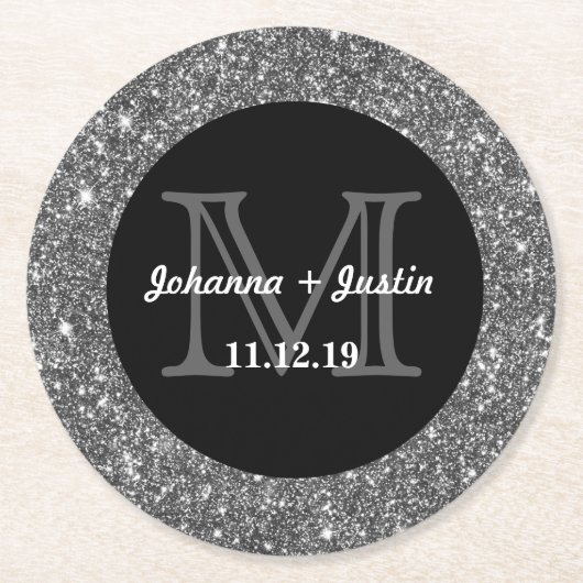 Silver Faux Glitter Shining Bling Weddenschap Mono Ronde Kartonnen Onderzetter (Voorkant)