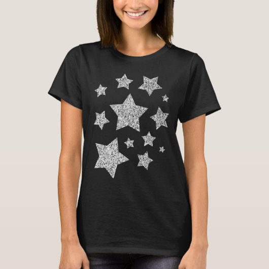 Silver faux glitter sparren Black White Stars T-shirt (Voorkant)