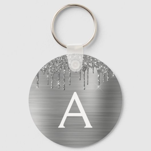 Silver Faux Glitter Stainless Steel Monogram Sleutelhanger (Voorkant)