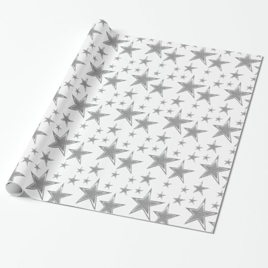 Silver Faux Glitter Stars Cadeaupapier (Uitgerold)