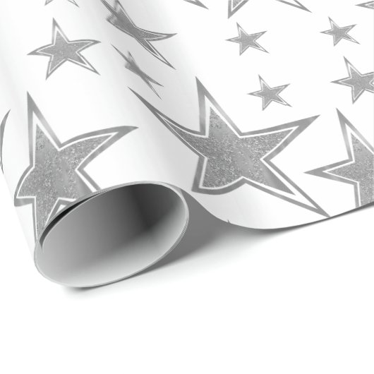 Silver Faux Glitter Stars Cadeaupapier (Rol Hoek)