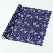 Silver Faux Glitter Stars op Navy Blue Cadeaupapier (Uitgerold)