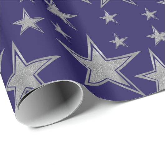Silver Faux Glitter Stars op Navy Blue Cadeaupapier (Rol Hoek)