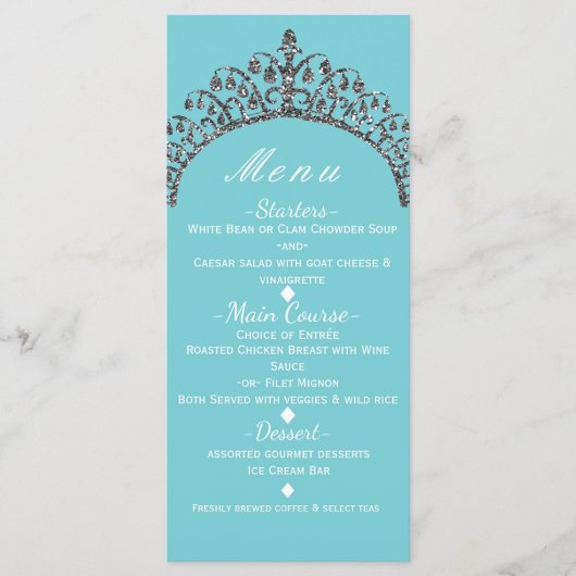 Silver Faux Glitter Tiara Crown Party Menu Kaart (Voorkant)