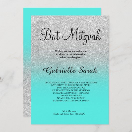 SIlver faux glitter turquoise ombre Bat Mitzvah Kaart (Voorkant / Achterkant)