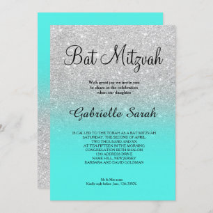 SIlver faux glitter turquoise ombre Bat Mitzvah Kaart