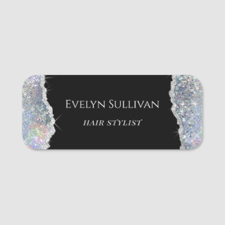 Silver faux iridescent glitter naamplaatje