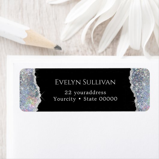 Silver faux iridescent glitter return address etiket (Insitu)