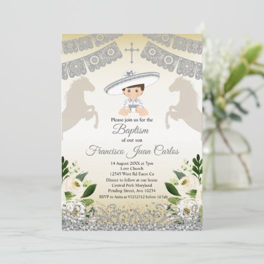 Silver Fiesta Boy Baptism Christening Uitnodiging (Staand voorkant)