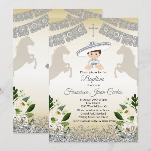 Silver Fiesta Boy Baptism Christening Uitnodiging (Voorkant / Achterkant)