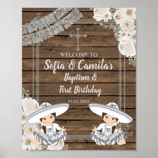 Silver Fiesta Twin Girl Baptism en Birthday Poster (Voorkant)