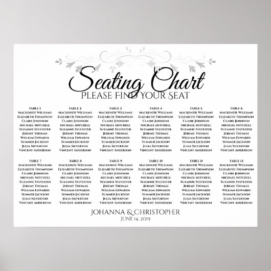 Silver Filigree 12 Table Wedding Seating Chart Poster (Voorkant)