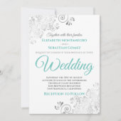 Silver Filigree Aqua en White Elegant Wedding Kaart (Voorkant)