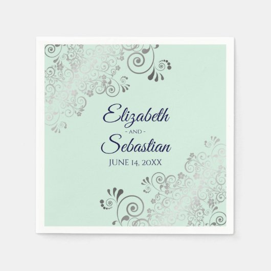 Silver Filigree Elegant Mint Green & Navy Wedding Servet (Voorkant)