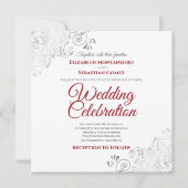 Silver Filigree Elegant Red & White Square Wedding Kaart (Voorkant)