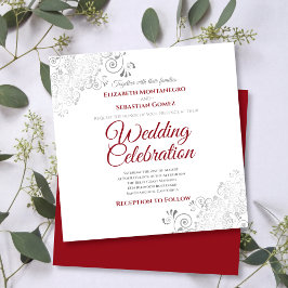 Silver Filigree Elegant Red & White Square Wedding Kaart