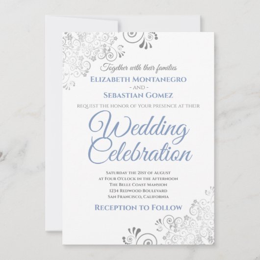 Silver Filigree Elegant Simple Blue Gray Wedding Kaart (Voorkant)