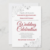 Silver Filigree Elegant Simple Red & White Wedding Kaart (Voorkant)