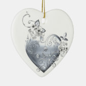 Silver Filigree Heart & White Roses Keramisch Ornament (Rechts)