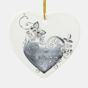 Silver Filigree Heart & White Roses Keramisch Ornament