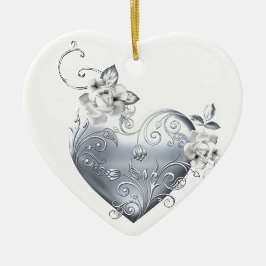 Silver Filigree Heart & White Roses Keramisch Ornament (Voorkant)